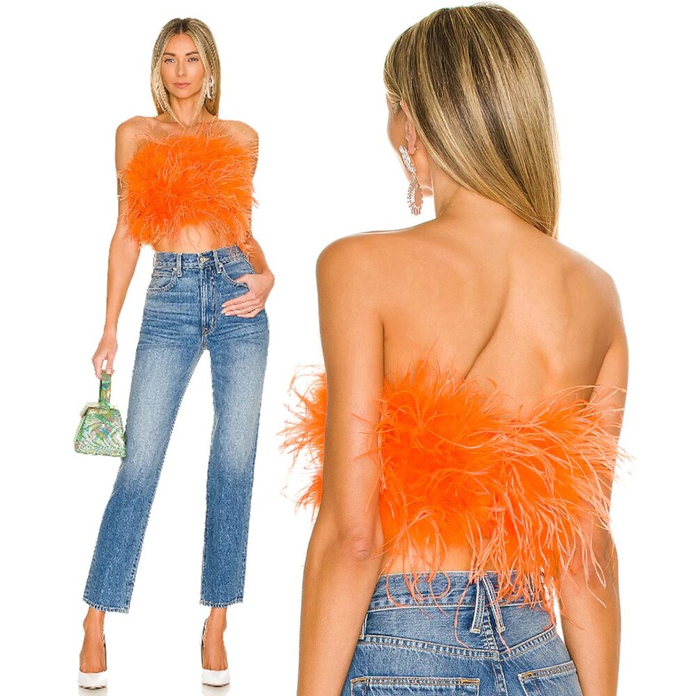 💥CHIC & SEXY💥100% OSTRICH FEATHERS BANDEAU CROP TOP in ORANGE